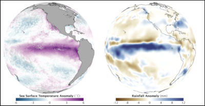 Shifts in ocean temperatures and rainfall during the 1997 El Niño.