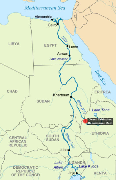 The Grand Ethiopian Renaissance Dam is being built on the Ethiopian-Sudanese border on the Blue Nile, which supplies 59 percent of Egypt’s water.
