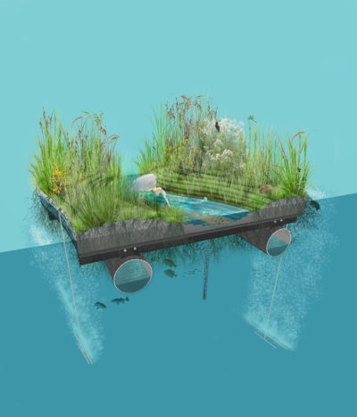A rendering of a cross-section of a floating wetland installed in Baltimore.