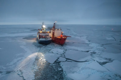 The German-based Alfred Wegener Institute's Polarstern research vessel with the Russian icebreaker Akademik Fedorov in 2019. The Wegener institute has withdrawn cooperation with Russia on Arctic research.