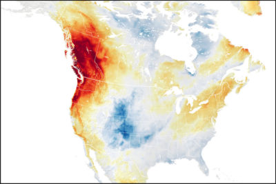Severe heat bears down on the Pacific Northwest, June 27, 2021. Warmer colors indicate areas where weather is unusually warm.