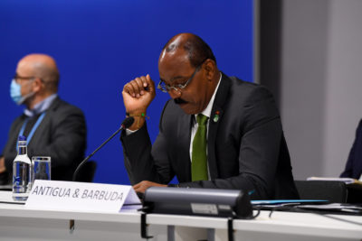 Gaston Browne, prime minister of Antigua and Barbuda, a small island nation deeply threatened by climate change, at the UN climate talks in Glasgow, Scotland.