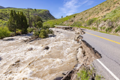 A washed out road near the north entrance of Yellowstone National Park.