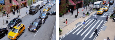 Manhattan's 6th Avenue before (left) and after (right) street parking was converted to a pedestrian plaza and bike lane.