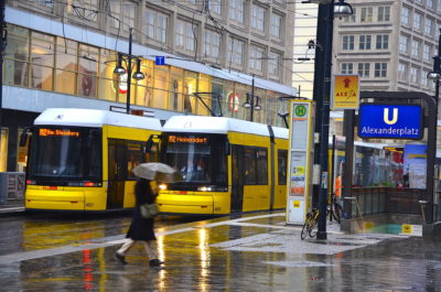 Trams at the Alexanderplatz public square in Berlin, Germany.