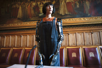 Ai-Da Robot, an AI-powered robot artist, addressing the British House of Lords, October 11, 2022.
