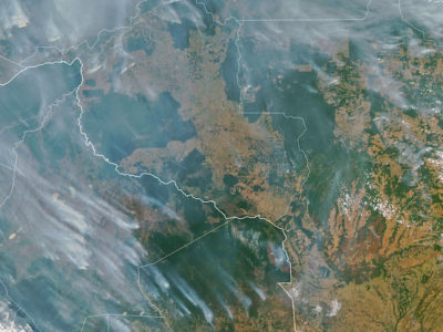 A satellite image of smoke from fires in Bolivia and western Brazil, September 2022.