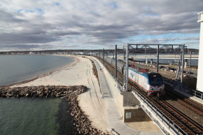 An Amtrak train passes over the Niantic River Bridge in Connecticut.
