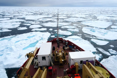 A Canadian Coast Guard ship navigates Arctic sea ice.