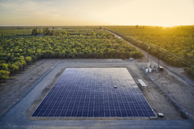 A solar array in Madera County, California, with panels placed side-by-side on the ground.