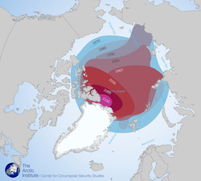 ​Arctic summer sea ice extent, based on historical satellite records and climate modeling through 2100.​