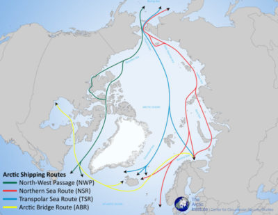 ​​Various shipping routes that are opening up to cargo ships as warming global temperatures reduce Arctic summer sea ice. The three major routes include the Northwest Passage, the Northern Sea Route, and the Transpolar Sea Route. ​​