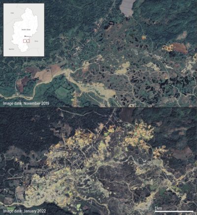 Satellite imagery shows the impact of gold mining in Nam San Yang, Kachin State between November 2019 (above) and January 2022 (below). Locals say the 2021 coup accelerated mining.