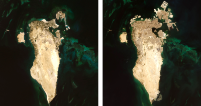 Bahrain, an island nation in the Persian Gulf, in 1987 (left) and 2022 (right). Over the last four decades, Bahrain's population has quadrupled, spurring major urban development, much of it on reclaimed land.