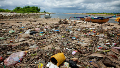 Plastic pollution on a beach in Bali.