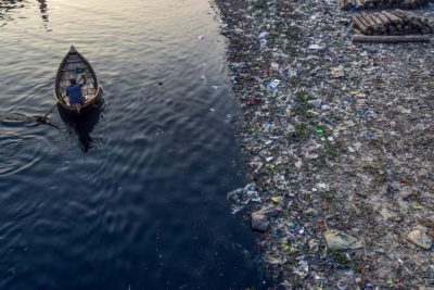 Plastic pollution in the Buriganga River in Dhaka, Bangladesh.

