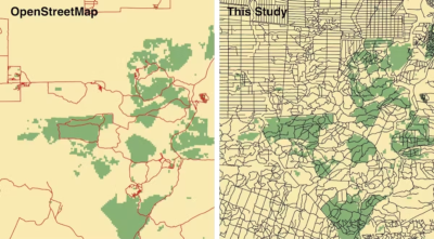 Left: Roads in a swath of northeast Borneo mapped by OpenStreetMap. Right: Roads mapped by the new study.