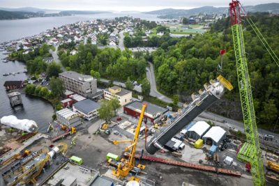 Carbon capture equipment being installed at the Heidelberg Materials cement plant in Brevik, Norway, August 2023.