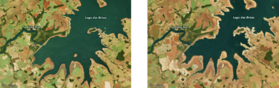 Lago das Brisas, a reservoir in southern Brazil, in June 2019 (left) and June 2021 (right). The region is enduring its worst drought in almost a century.