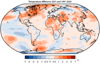 Average surface temperature in 2021 relative to the 1991–2020 average.
