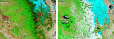 Tulare Lake and Owens Lake in March 2022 and March 2023, after being partially refilled by floodwaters.