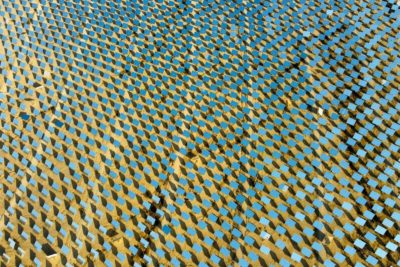 Mirrored panels at a solar thermal plant.