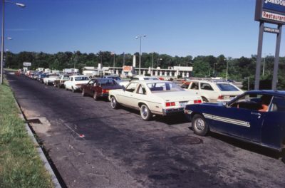 Cars line up at a gas station in Darien, Connecticut during the 1979 oil crisis.