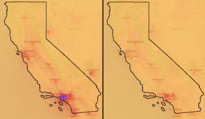 Nitrogen dioxide levels before (left) and after (right) stay-at-home orders went into effect in early 2020. Darker colors indicate more pollution.