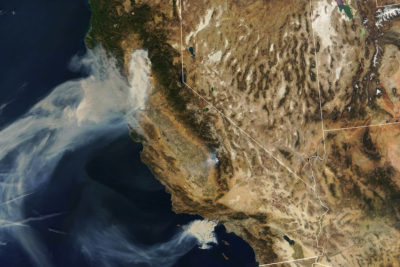 A satellite image of wildfire smoke over California, November 2018.