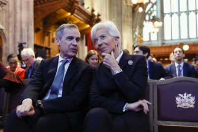 Outgoing Bank of England Governor Mark Carney (left) with European Central Bank President Christine Lagarde (right) at a UN climate finance event in February.