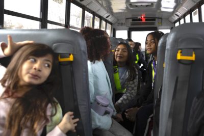 Children aboard an electric school bus in Chevy Chase, Maryland, last February.