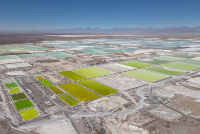 Pools of lithium-rich brine in Salar de Atacama, Chile.

