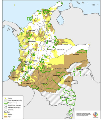 CLICK MAP TO ENLARGE. Many of Colombia's national preserves are in areas where conflict occurred during the 52-year civil war.