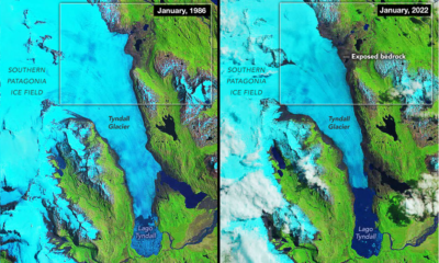 The Tyndall Glacier in Chile in 1986 and today.
