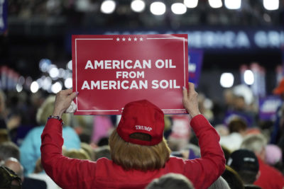 A pro-drilling sign at the Republican National Convention in Milwaukee, Wisconsin, July 2024.