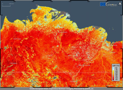 A satellite image showing surface temperatures in Eastern Siberia on June 19.