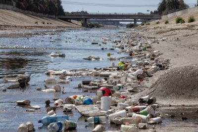 Plastic waste in Ballona Creek in Culver City, California.