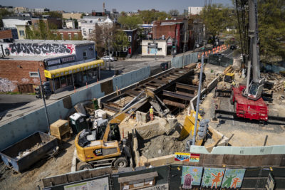 Workers upgrade the combined sewer system in northeast Washington, D.C. to hold more stormwater and sewage, April 2021.

