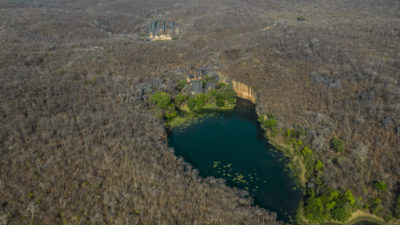The waters of the Bambui aquifer nurture a green patch amid the dry vegetation of the Brazilian cerrado.