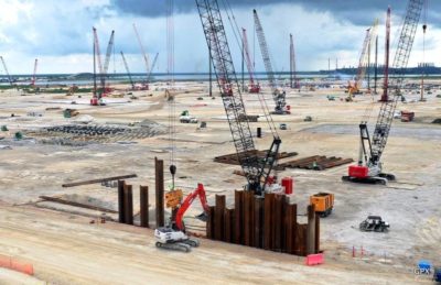 Construction of the Golden Pass LNG export terminal near Port Arthur, Texas in May 2021.