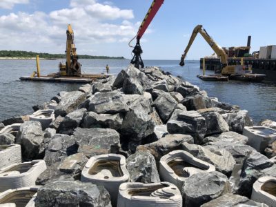 The Living Breakwaters project under construction off Staten Island, New York in 2022. Oyster cultivation on the site is expected to start next year. 