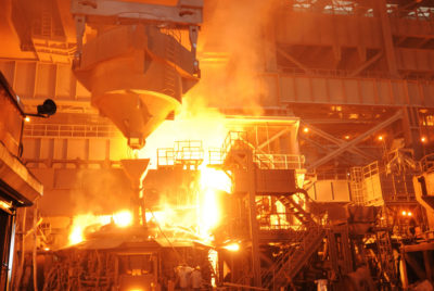 Molten iron being poured at a steel plant in Surat, India.