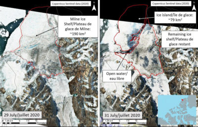 The Milne Ice Shelf in Canada lost nearly 40 percent of its ice over a two-day period in late July.