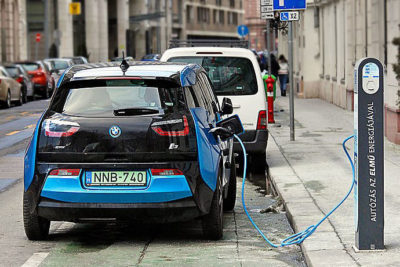 A BMW electric vehicle at a road-side charging station in Budapest, Hungary.