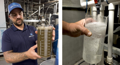 Ryan Pulley of Epic Cleantec holds a beaker of graywater. Right: A beaker of potable treated graywater.