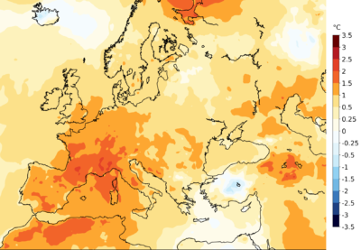 The 2022 temperature anomaly across Europe as compared to the average from 1991 to 2020.