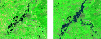 The Meuse River in the southeast corner of the Netherlands, before (left) and (after) an intense rainstorm hit the region in July, flooding the river and forcing nearly 5,000 people to evacuate the town of Roermond.