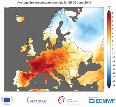 Europe had its hottest June on record, around 1 degree Celsius above the previous record set in 1999, and more than 2 degrees C above normal.