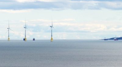 The Aberdeen Bay Wind Farm, an offshore wind demonstration facility off the coast of Aberdeenshire, in the North Sea, Scotland.