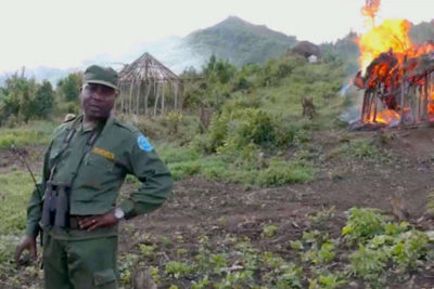 A guard in Kahuzi-Biega National Park, a World Heritage Site, burns the homes of Indigenous Batwa.